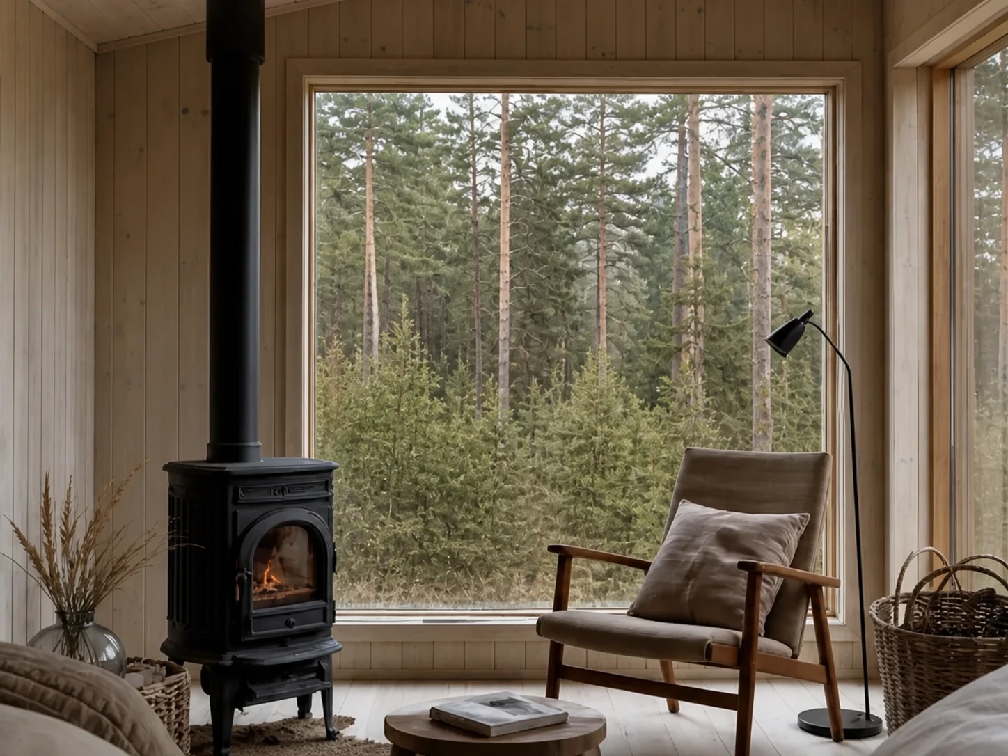 Heller Wohnraum mit Leinen, Holz und Ofen