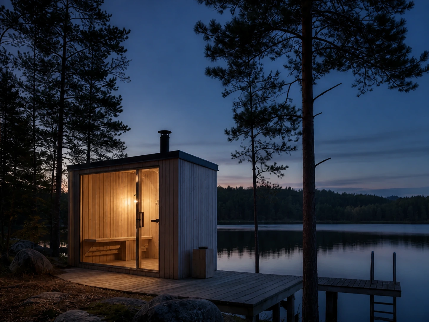 Kleine Sauna und Steg am See in der Abenddämmerung