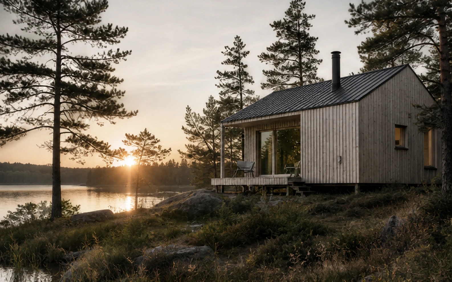 Farnruh-Waldhaus am See im Morgenlicht